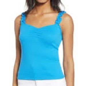 BP Aster Blue Ruffle Strap Ribbed Fitted Tank Top